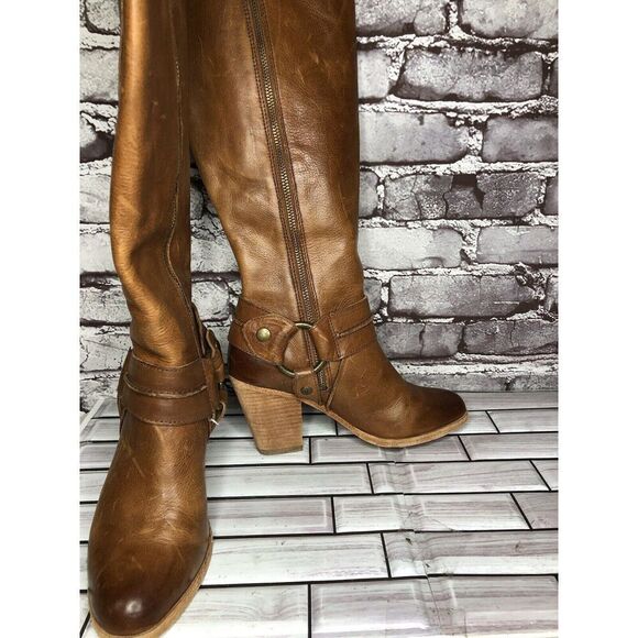 Frye Tan Brown Leather Harness Side Zipper Heel Boots Women Sz 6M US/37EU - Picture 14 of 15